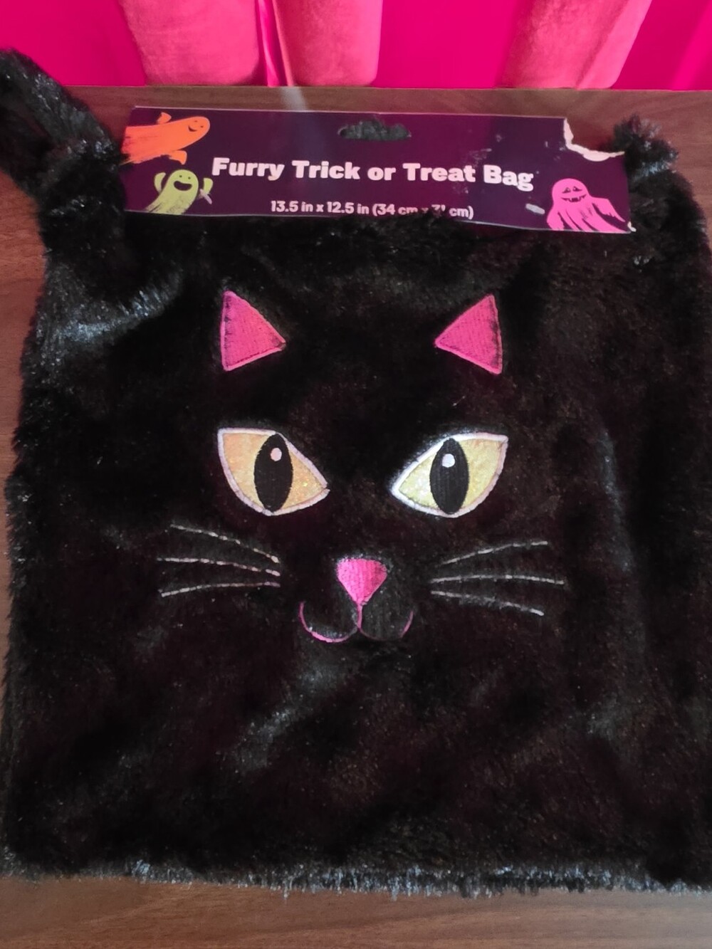 Furry Black Cat Trick-or-Treat Bag Cat Treat Bag for Halloween Embroidered